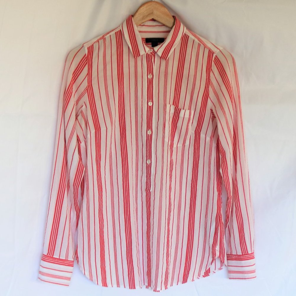J.Crew Red Striped Crinkled Gauze Popover Shirt